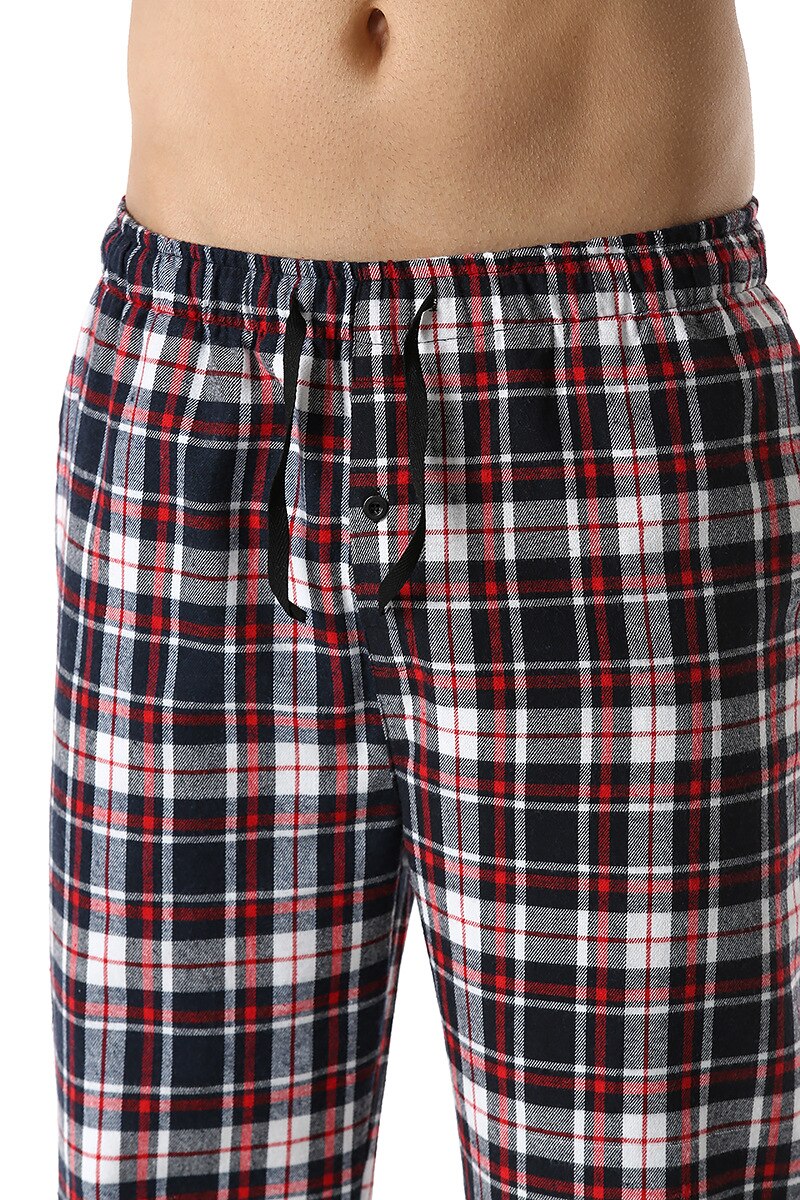 Men's Cotton Plaid Sleep Bottoms Lounging Relaxed House PJS Pants Male Comfy Soft Pajama Pants with Drawstring Button Fly