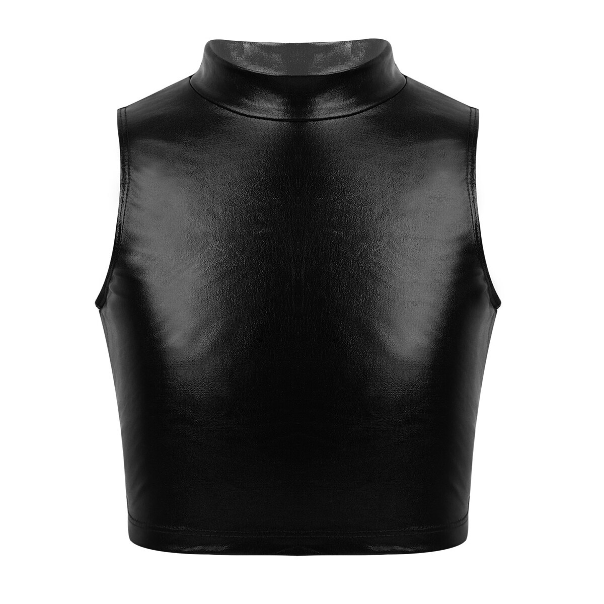 Iefiel pvc couro brilhante metálico rave outfit ballet dança palco desempenho colheita topo crianças meninas sem mangas gola alta tanque topos: Black / 10