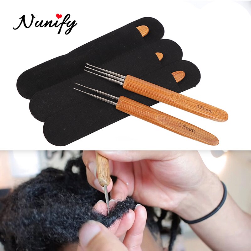 Nunify dread hair hæklenål 1 2 3 krog dreadlock nåle 1 stk/sæt 0.5mm 0.75mm to stil træ håndtag hæklet nål