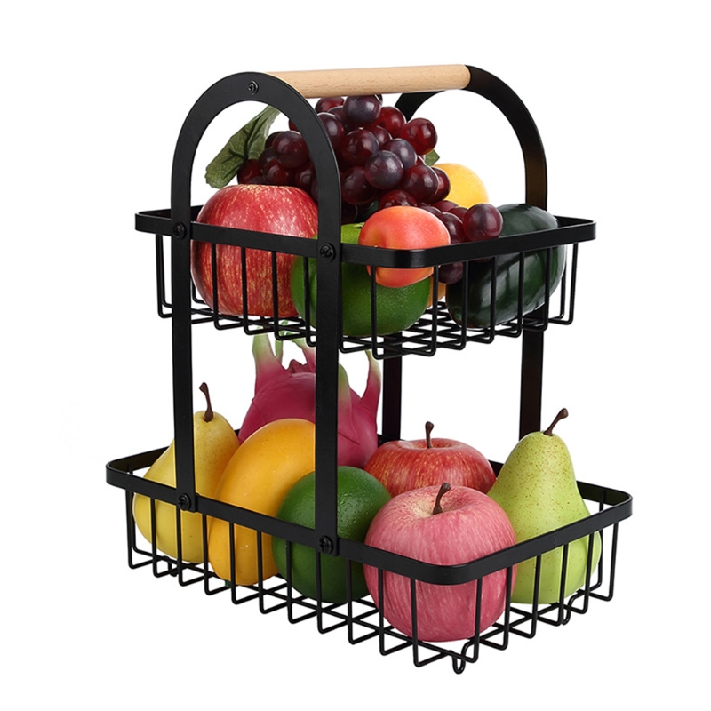 Panier à Fruits 2 Niveaux Démontable - Rangement Cuisine Et Salon - Avec Poignée - Noir