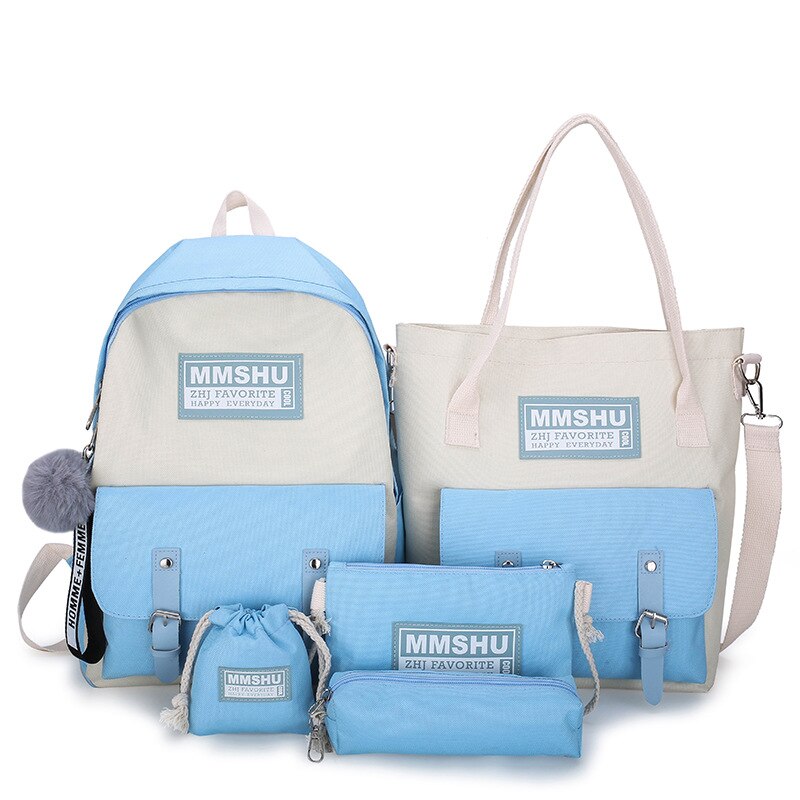5 pièces/ensemble toile sacs d'école pour adolescentes couleur unie voyage sac à dos femmes Bookbags étudiant sac à dos sac à dos MD0158: B-Blue