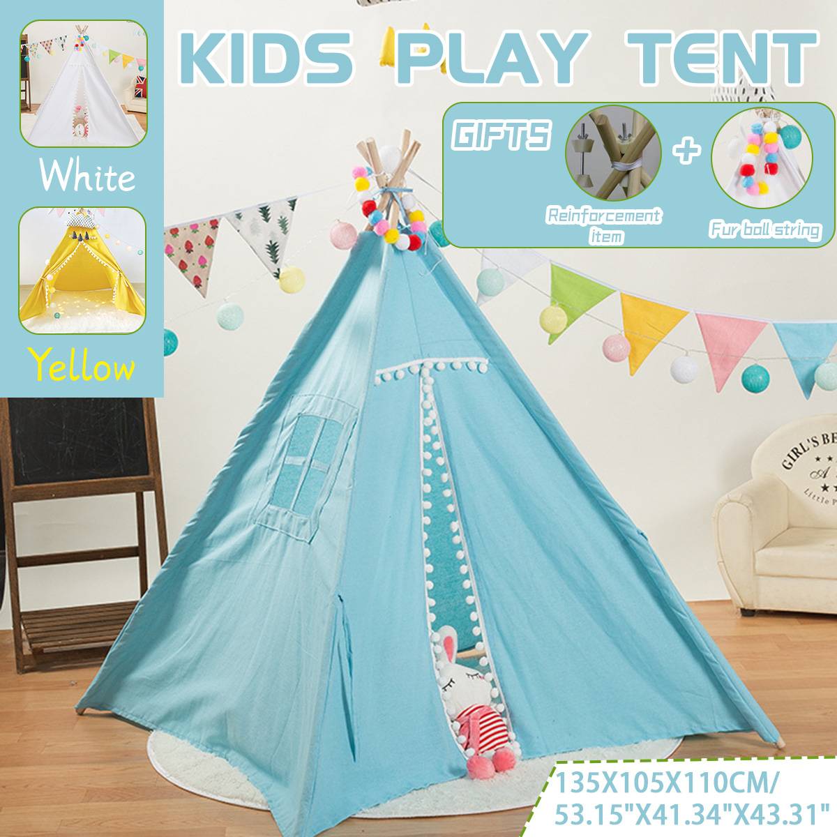 Tipi Tent Voor Kinderen Spelen-Tent Teepee Huis Wigwam Kamer Kinderen Tent Spel Huis Driehoek Teepee Bont bal Slapen Dome 135Cm