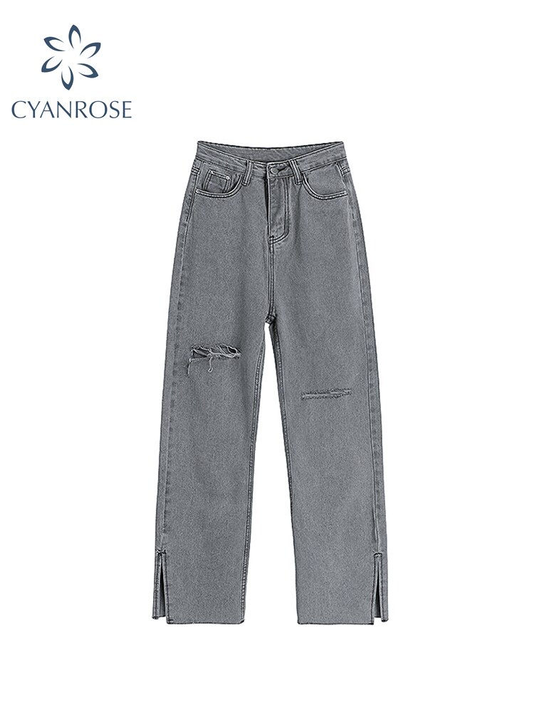 High Waist Grey Ripped Jeans Women Streetwear Baggy Harajuku Wide Leg Jeans Female Trousers 2022 Vintage Straight Long Pants