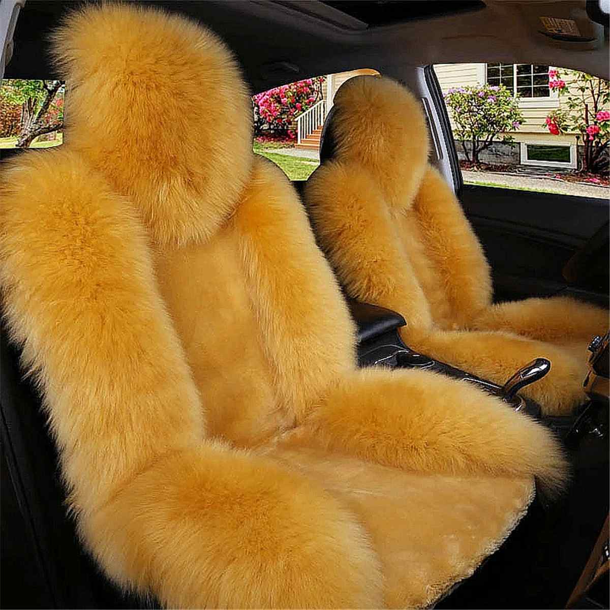 Auto Seat Cover Lange Wollen Front Seat Cover Universele Auto Zitkussen Winter Warm Furry Fluffy Auto Voorste Rij seat Hoes: Camel