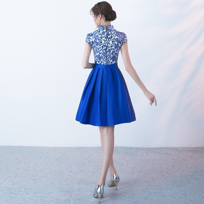 Royal Blue Modern Chinese Dress Female Mandarin Collar Petite Vestido Qipao Ladies Cheongsam Style Chinese Clothing Stor F1628 L