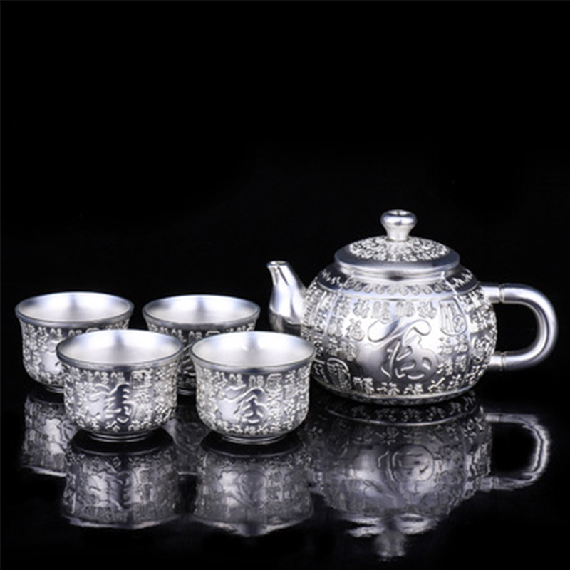 Service à thé en argent et or, haut de gamme, théière faite à la main, service à thé Kung Fu chinois, de cérémonie, une théière et quatre tasses