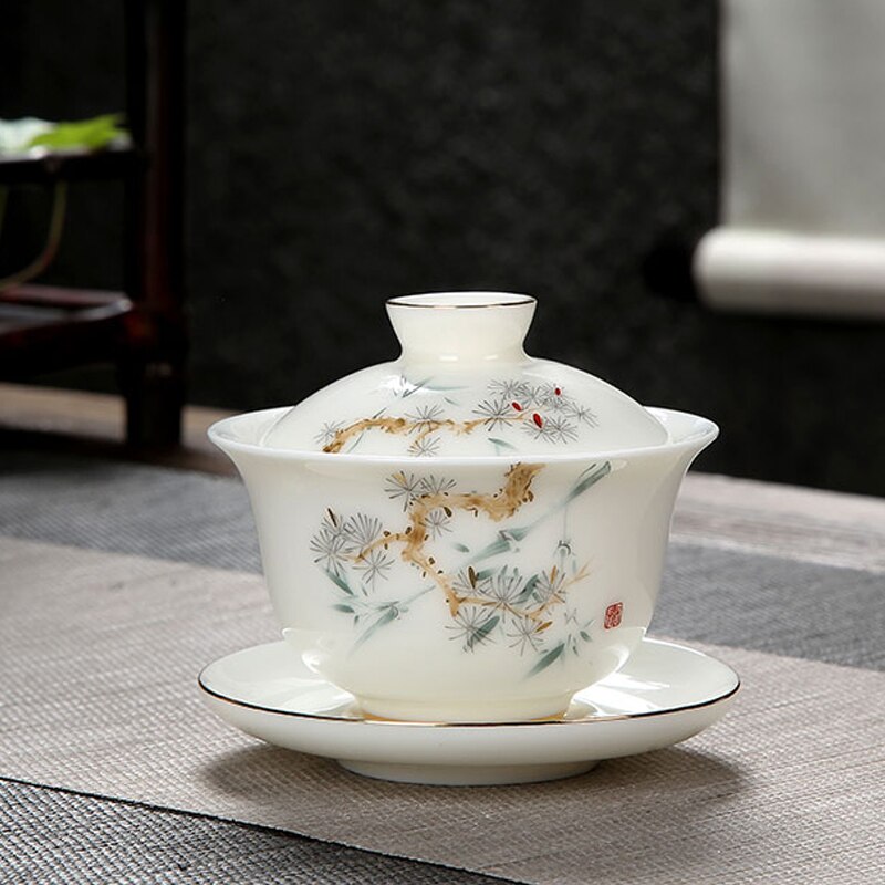 Hand Make Ceramic Tea Tureen White Porcelain Gaiwan Pine Cypress Tea Bowl Cup with Lid Cover Saucer Kit Teacup
