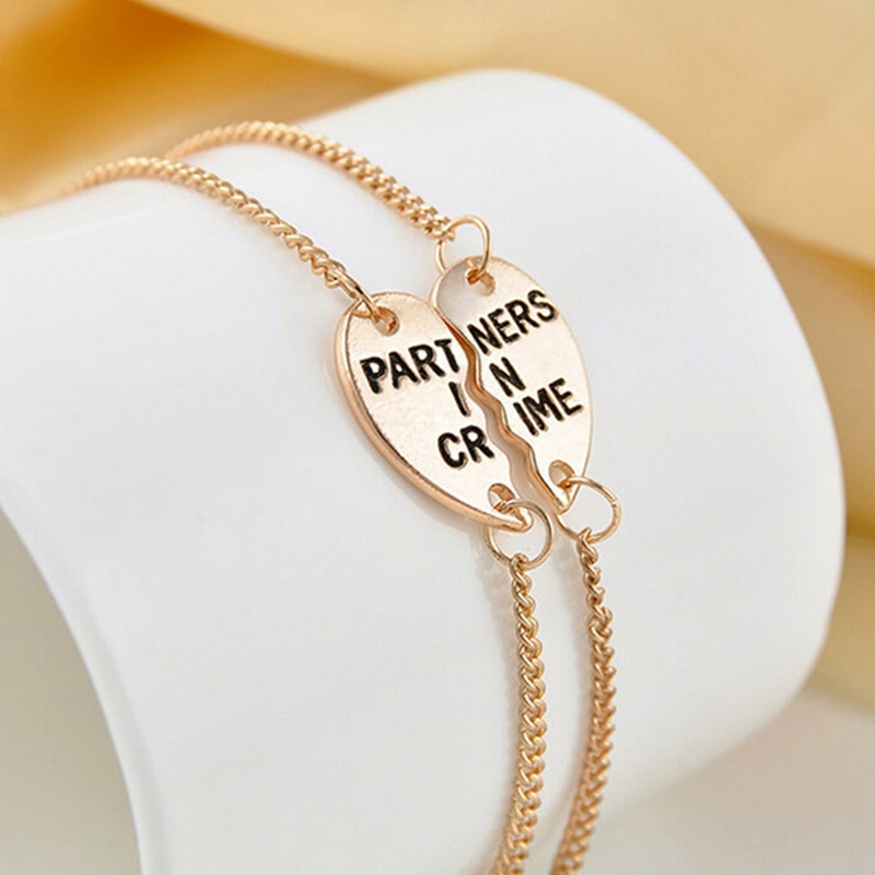 1Pair Gold color Best Friends BFF Forever Partners In Crime Valentine Split Heart Pendant Bracelet Set