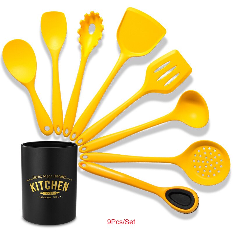 Silicone Cooking Kitchen Utensils Set Heat Resistant On-Stick Spatula Shovel Cookware Cooking Tools Baking Gadgets Accessories: C 9Pcs