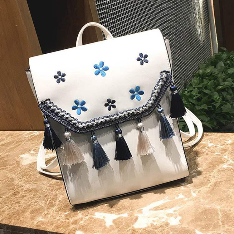Sommer Neue Gestickte Rucksack Weiblichen Koreanischen Stil Multi-Zweck Quaste Pu Kleinen Rucksack Lässig Schul: weiß