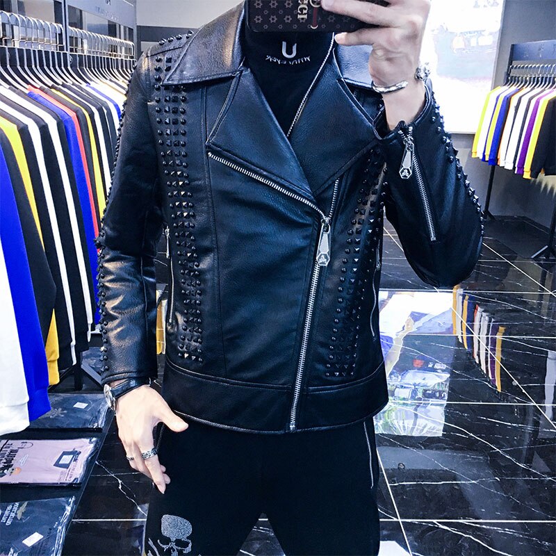 Veste en Faux cuir pour hommes, Punk Rock DJ scène veste en cuir pour hommes Jaqueta Masculina Couro hommes veste en Faux cuir à Rivet de