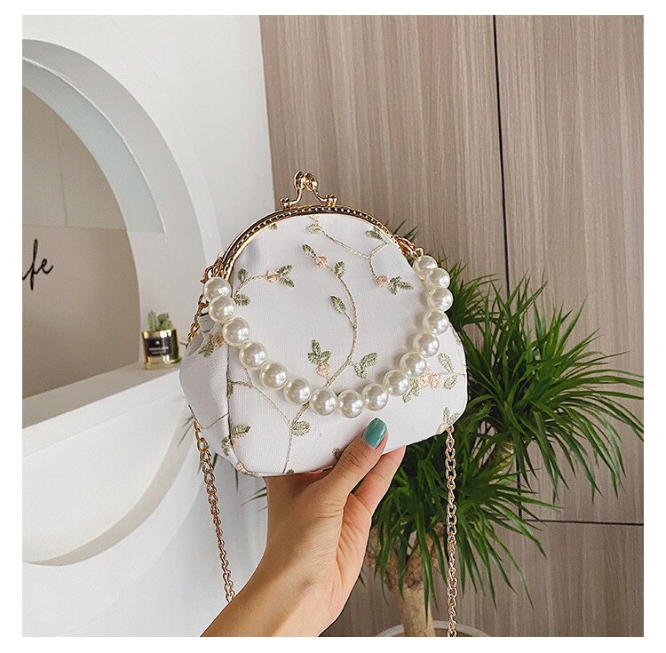 Sling Bag Female Women's Hand Bags Luxury Handbag Vintage Beading Lace Chain Messenger Shoulder Bags for Women: White