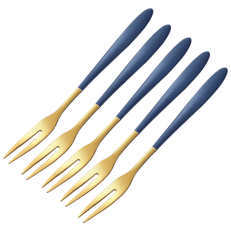 5 Pcs Fruit Fork Luxury Stainless Steel Gold Cake Dessert Forks Lovely Mini Fork Used For Cake in Party Snail Fork Restaurant: blue gold