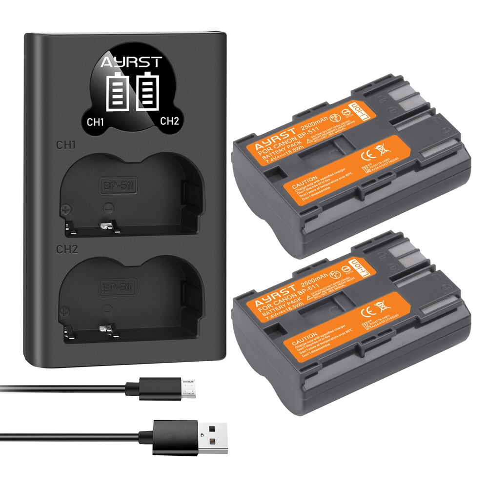2pcs 2500mAh BP-511 BP-511A BP 511A battey + USB Charger for Canon G6 G5 G3 G2 G1 EOS 300D 50D 40D 30D 20D 5D G6 L10 camera