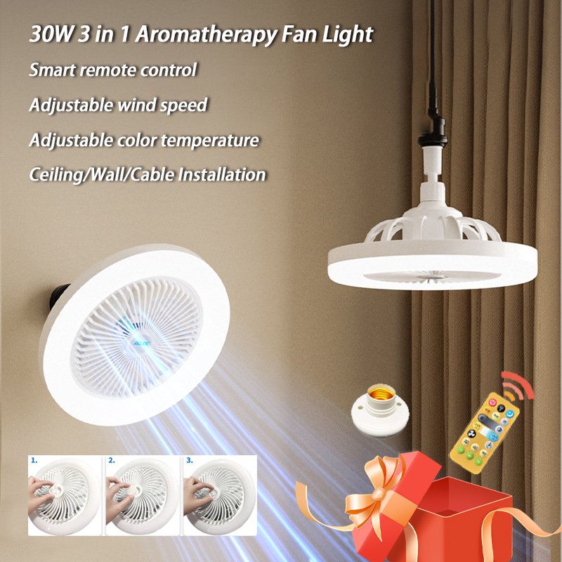 Luz de ventilador de aromaterapia 3 en 1, lámpara de ventilador de techo E27 de 30W, Control remoto, iluminación tricolor, luz LED de pared fija y Universal