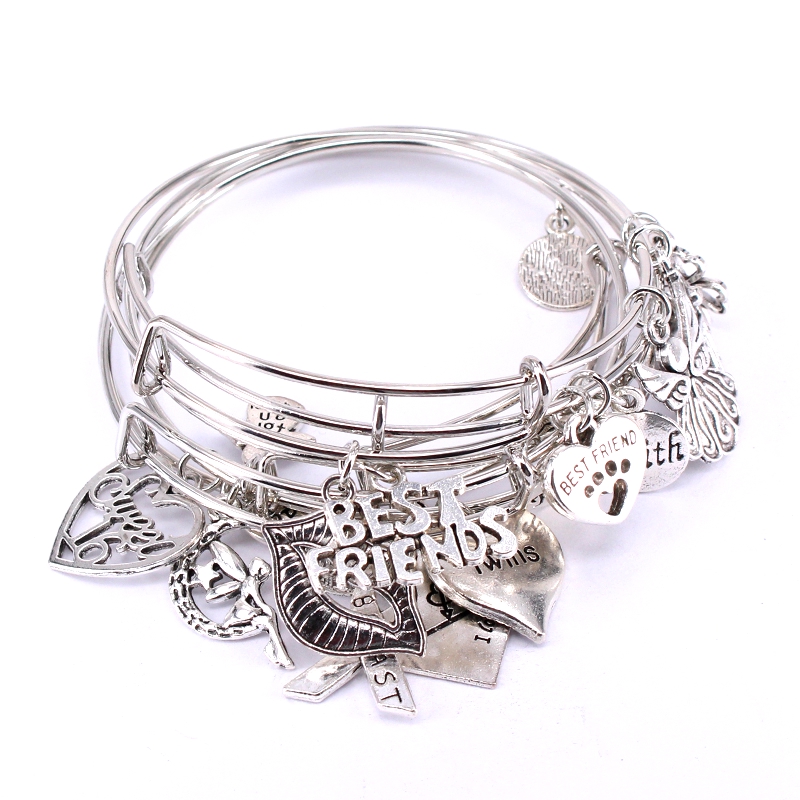 5 pçs conjunto de pulseiras de arame para mulheres meninas jewllery lábios misturados melhores amigos câncer de mama amor coração charme pulseiras c041: BANHADO EM PRATA