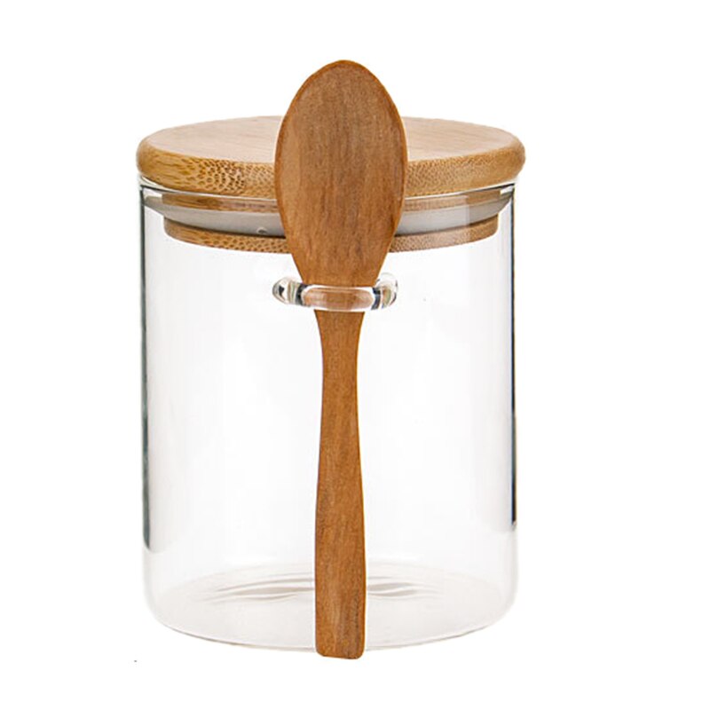 Glass Food Airtight Canister Castor Wooden Twist Lid Kitchen Candy Storage Tank Jar Bamboo Food Container with Wooden Spoon: Default Title