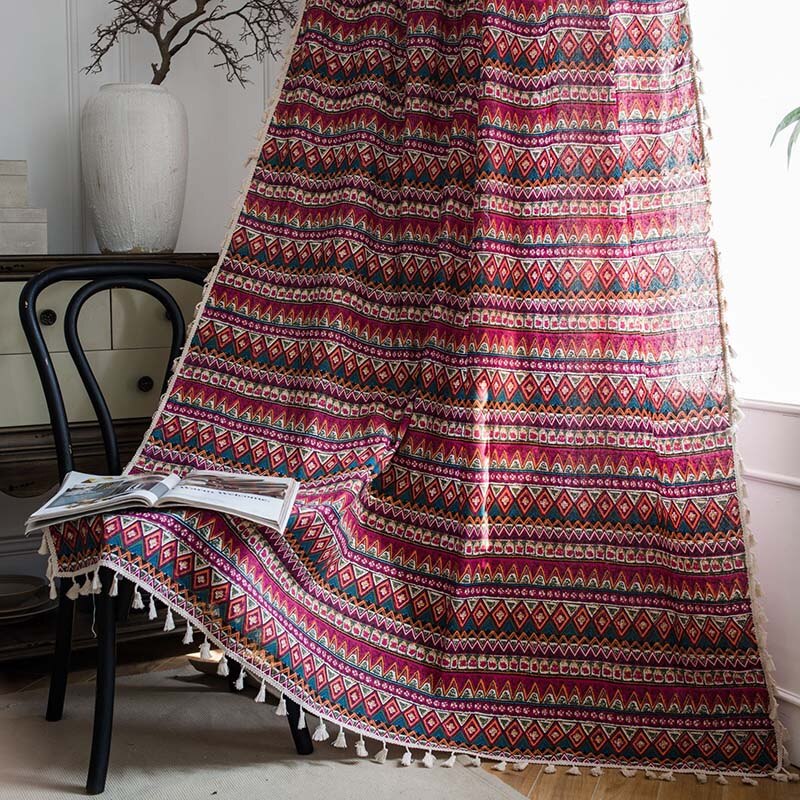Boho Ethnic Curtains For Living Room Bedroom French Window Bay Window Screen Cotton Linen Tassel Curtain Cortinas para la sala
