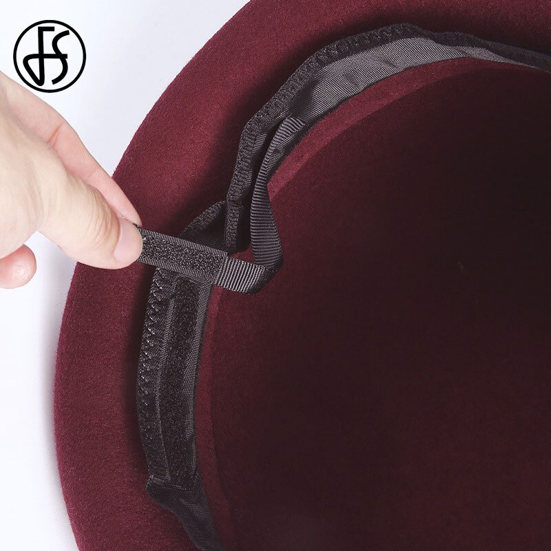 FS Winter Women Fedora Hat Wide Brim Wool Felt Bowler Hats Chapeau Femme Feutre Cloche Ladies Black Khaki Church Caps