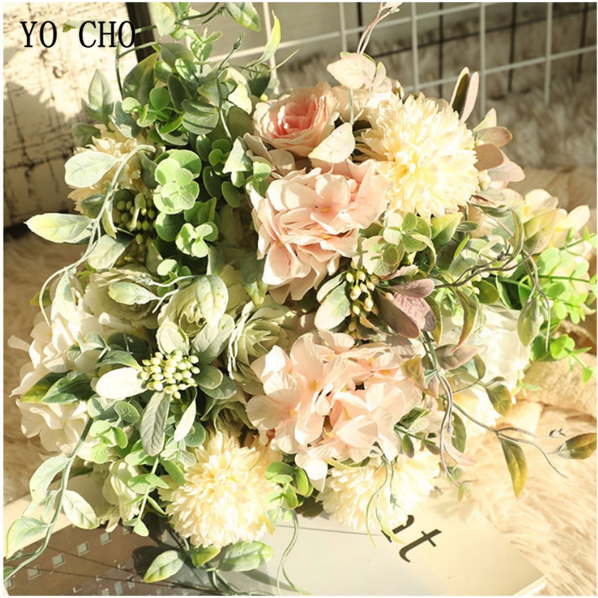 YO CHO-pompón de peonía de seda Artificial, Hortensia, flor, ramo de novia, boda, dama de honor, hermana, Mini ramo, suministros de boda para niña