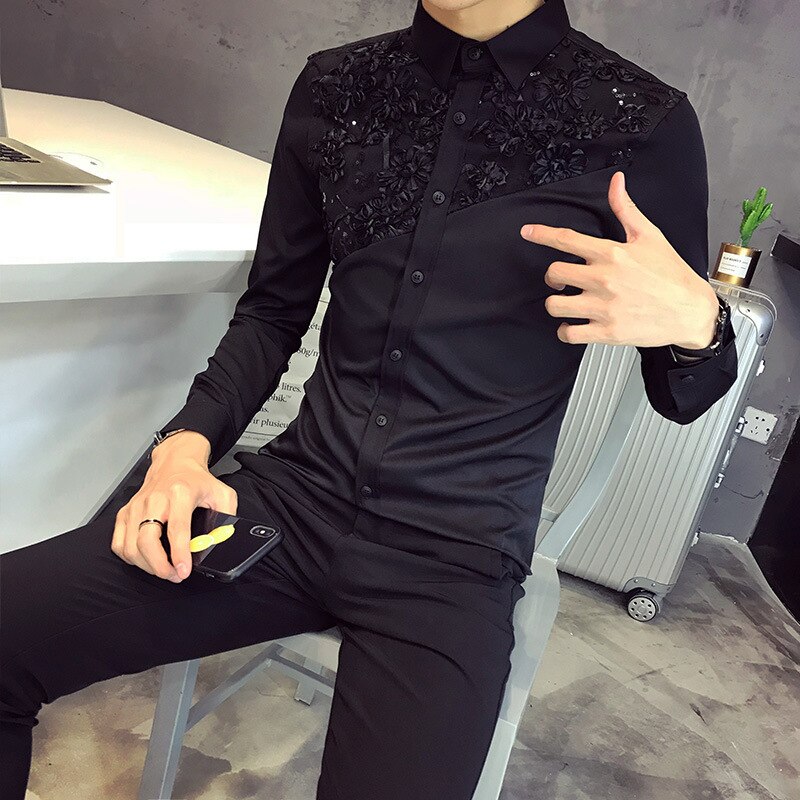 Hommes dentelle chemise concepteur mariage à manches longues chemises hommes smoking chemises Social Club fête Club noir blanc robe chemises