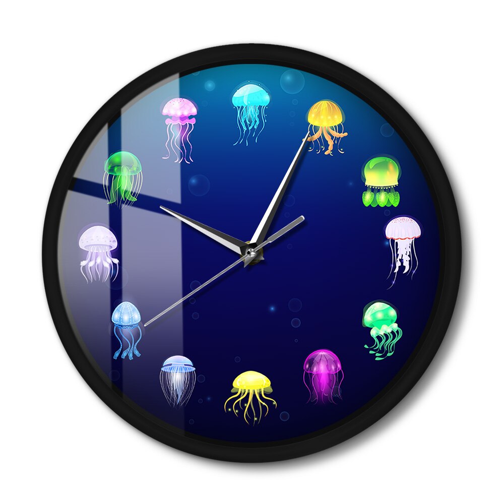 Colorful Printed Jellyfish Wall Clock with LED Illumination Sea Jellies Sound Control Smart Watch Marine Animals Nursery Light
