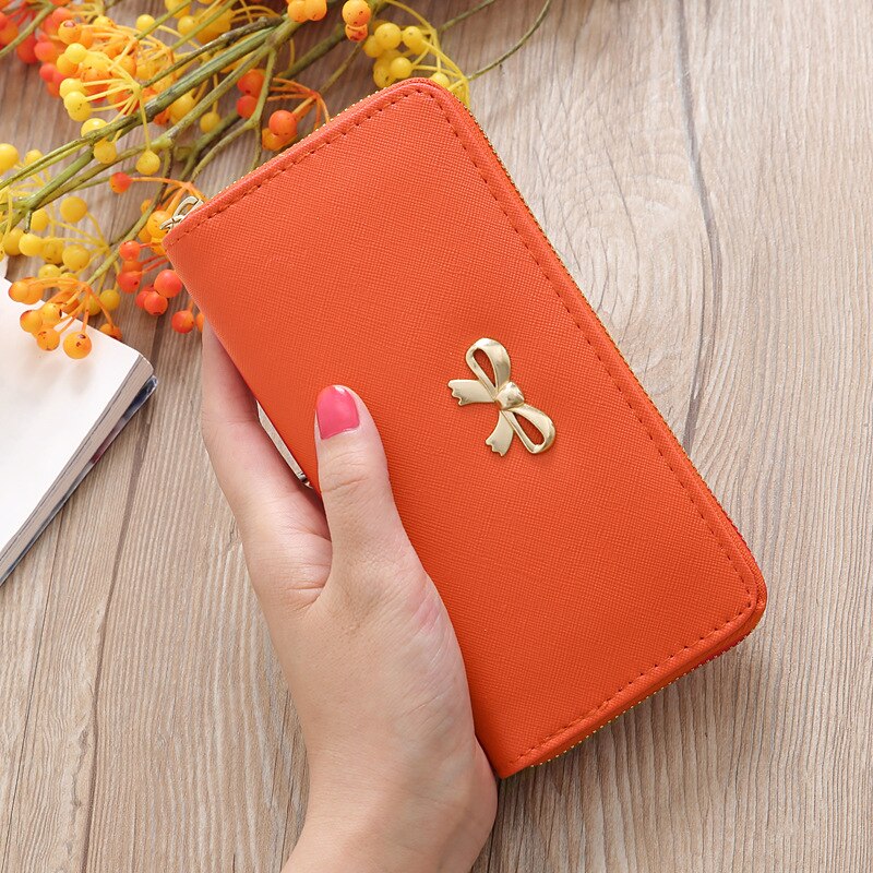 Kaarten Wallet Dames Leuke Strik Vrouwen Lange Portemonnee Effen Kleur Clutch Bag Pu Lederen Portemonnee Telefoon Kaart houder Tas: Orange