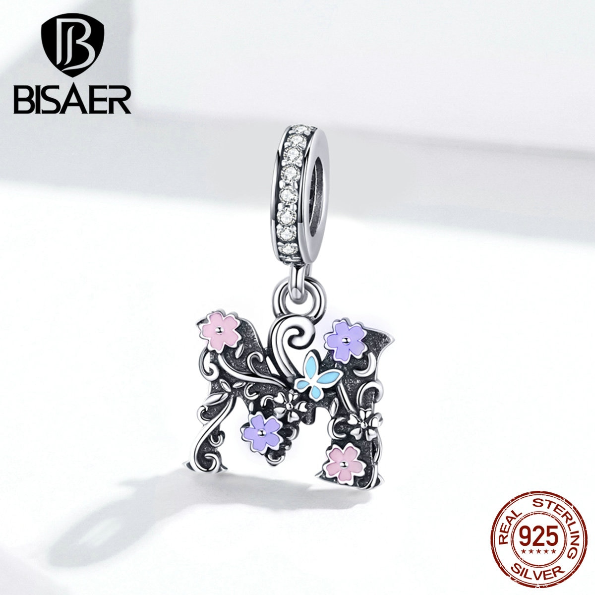 Été BISAER 925 argent sterling fleur M perles lettre alphabet M breloques pour bracelets colliers bijoux à bricoler soi-même ECC1274