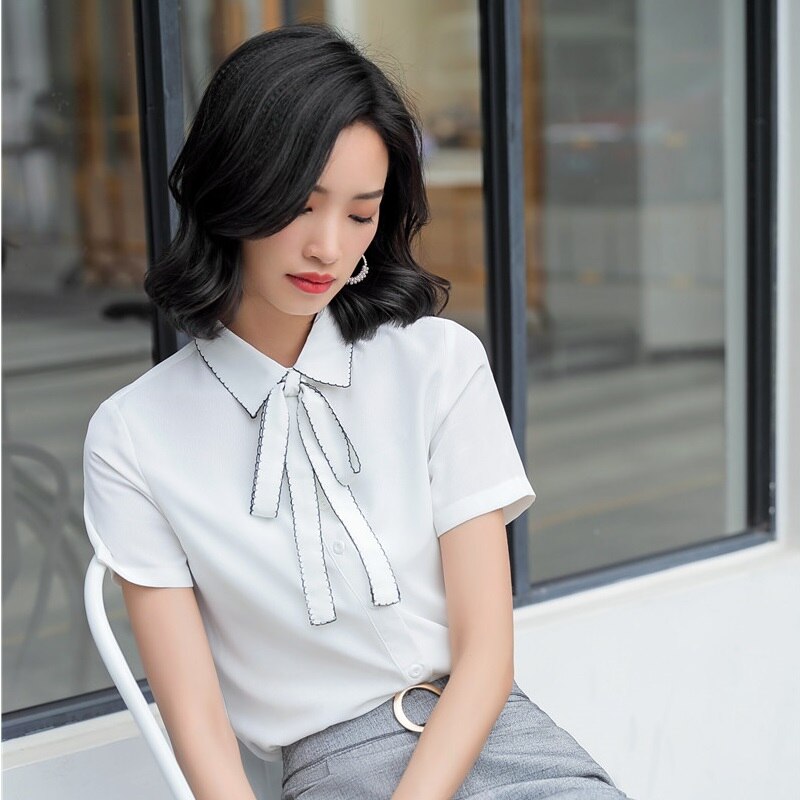Wit Chiffon Blouses & Shirts Voor Vrouwen Business Werkkleding Zomer Korte Mouwen Vrouwelijke Tops Kleding Met Stropdas