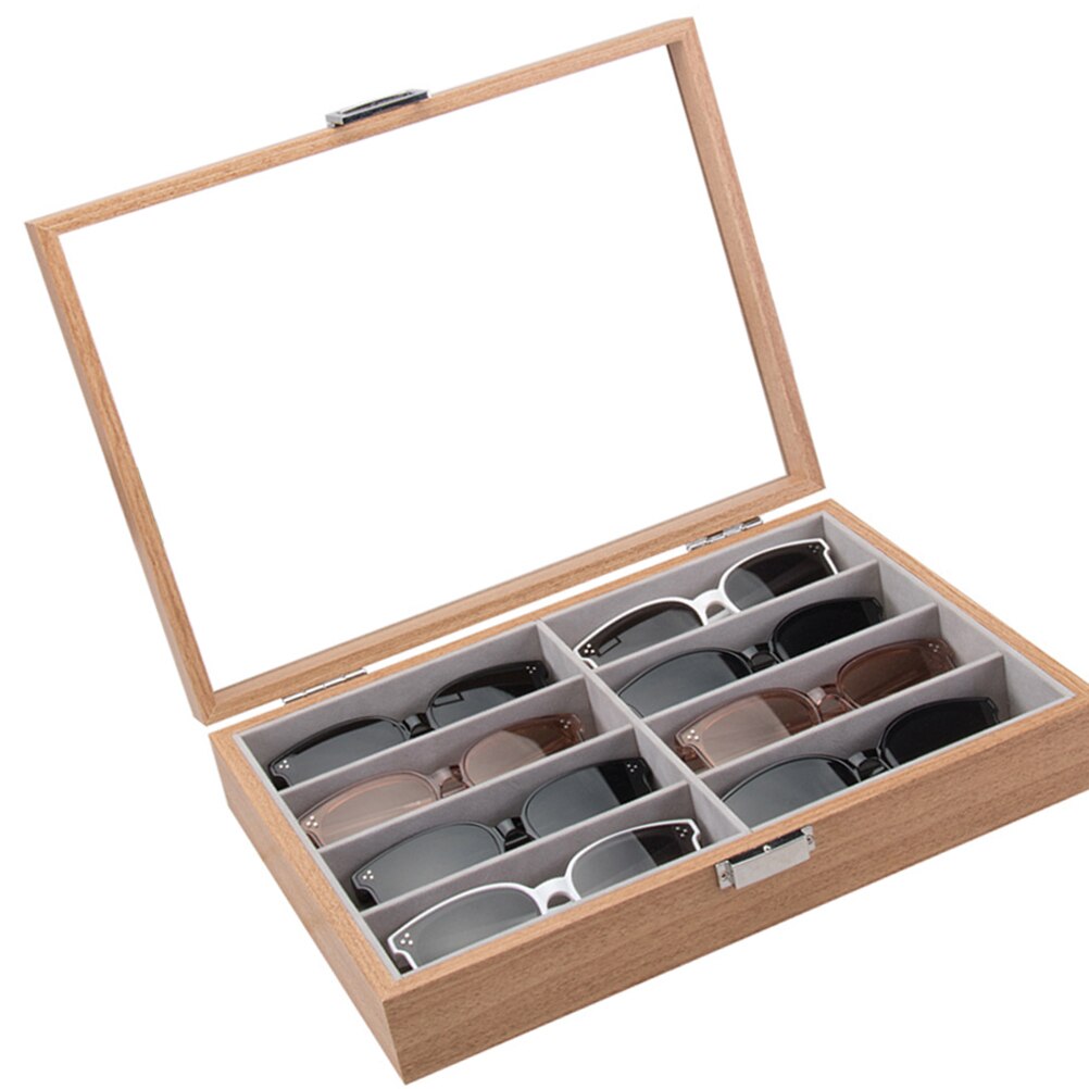 8 Slot Wooden Eyeglass Box Sunglass Storage Container Inner Felt Pad Glasses Display Case Transparent Glass Window