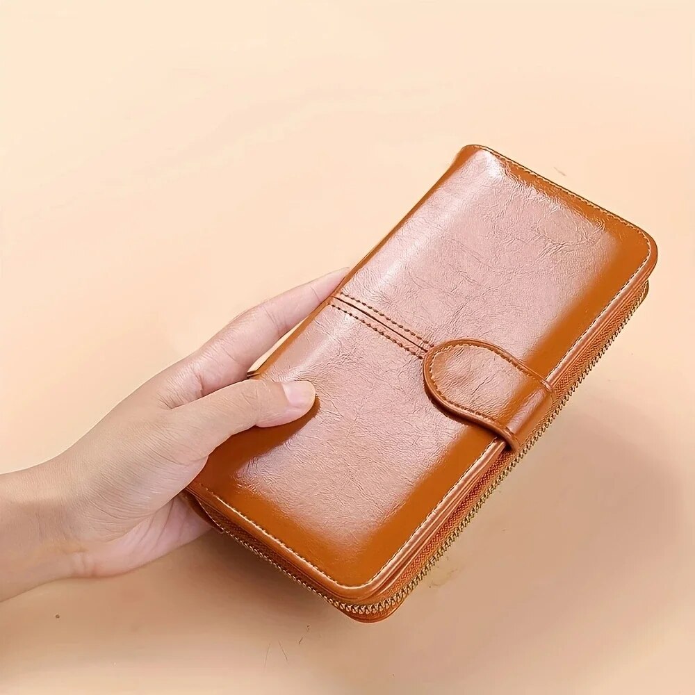 Women's Vintage Oil Wax PU Leather Clutch Wallet Female Large Capacity Phone Purse Ladies Wristband Simple Card Holder Pouch Bag: Khaki