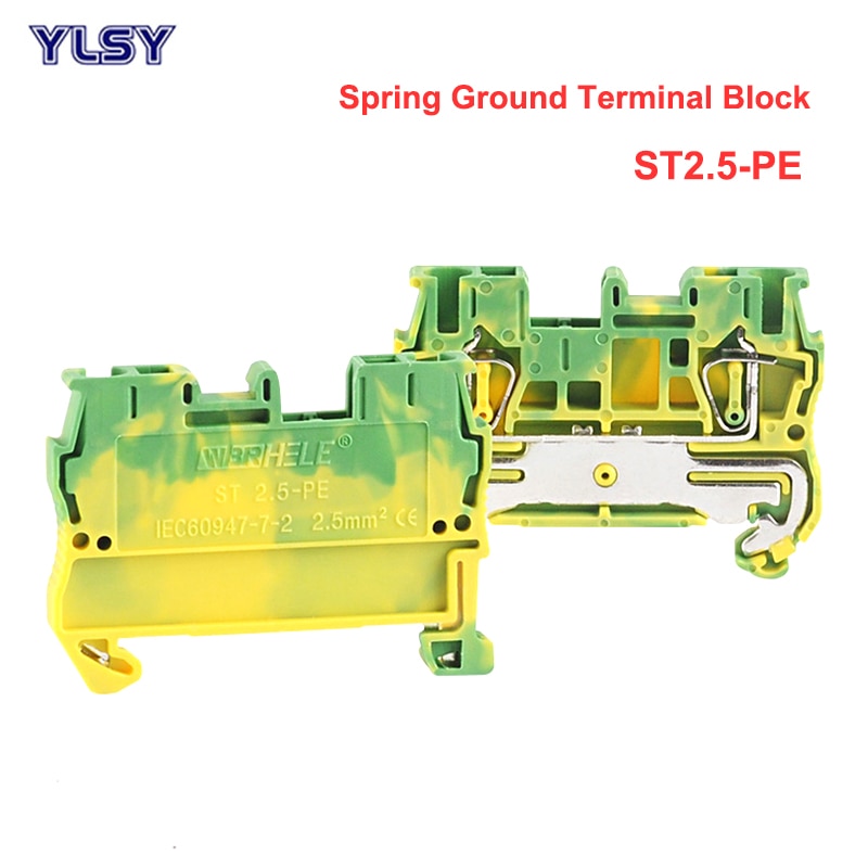 10Pcs Spring Ground Terminal Blocks ST2.5-PE Bornier Din Rail Yellow Green Earthing Terminals Block Wire Cable Connector 2.5mm2