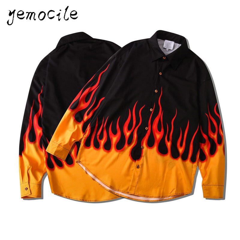 Flamme Gedruckt Hemd Paare Tragen Lässige Männer Frauen Hemden Harajuku Hüfte hüpfen Streetwear verlieren Langarm Blusen StreetWear: MCS04 / XL
