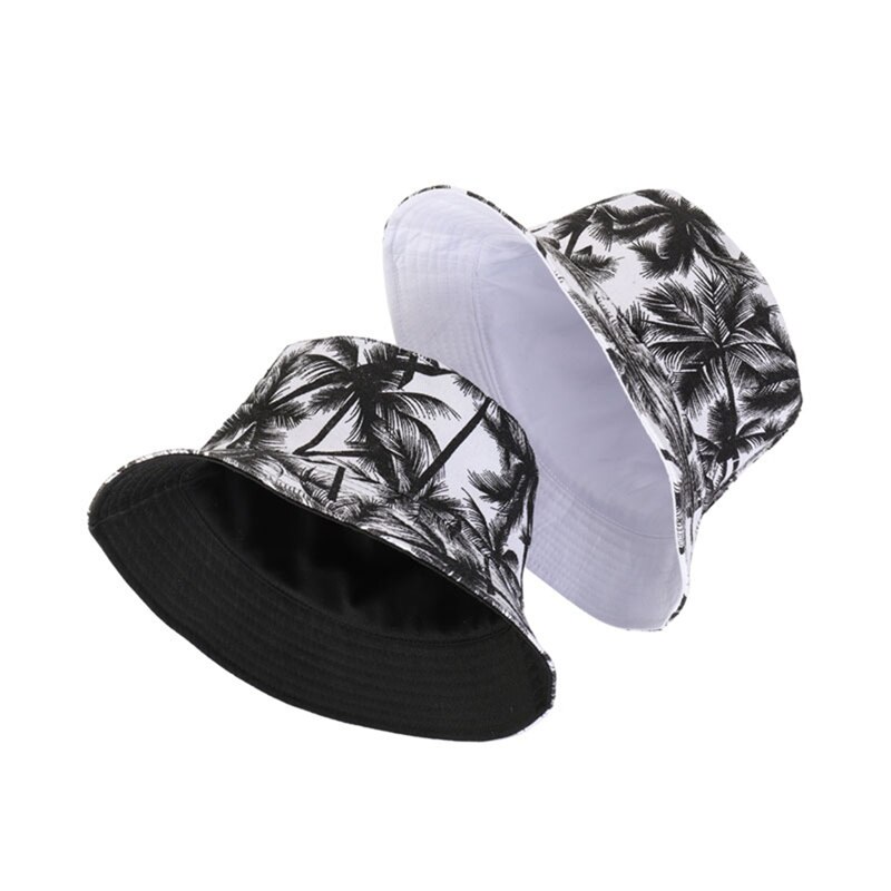 Trend unisex sommer vendbar kokosnød træ trykt strand foldbare fisker kasketter bøttehatte gorro