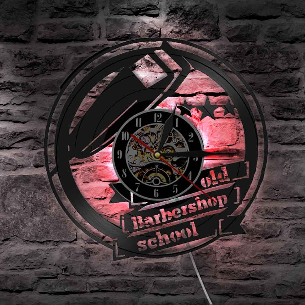 Vintage 12 "vieux Barbershop école vinyle horloge murale LED rétro-éclairage coiffure noir horloge suspendue idée Unique pour salon de coiffure décor