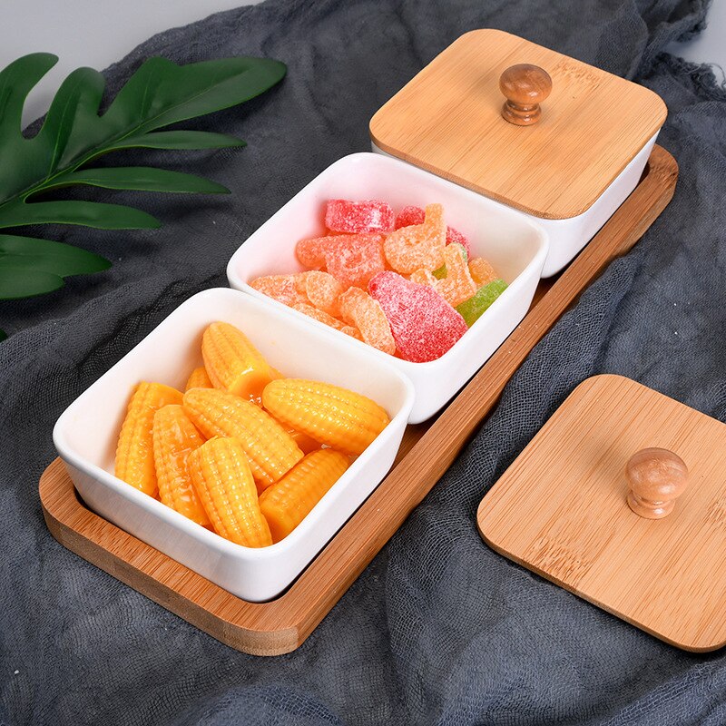 Keramik Obst Nachtisch Lagerung Tablett Bambus holz Tablett Kreative Multi Netz Nachtisch Platten Multifunktions Lebensmittel Klassifizieren Snack Gerichte: 10-mit Deckel