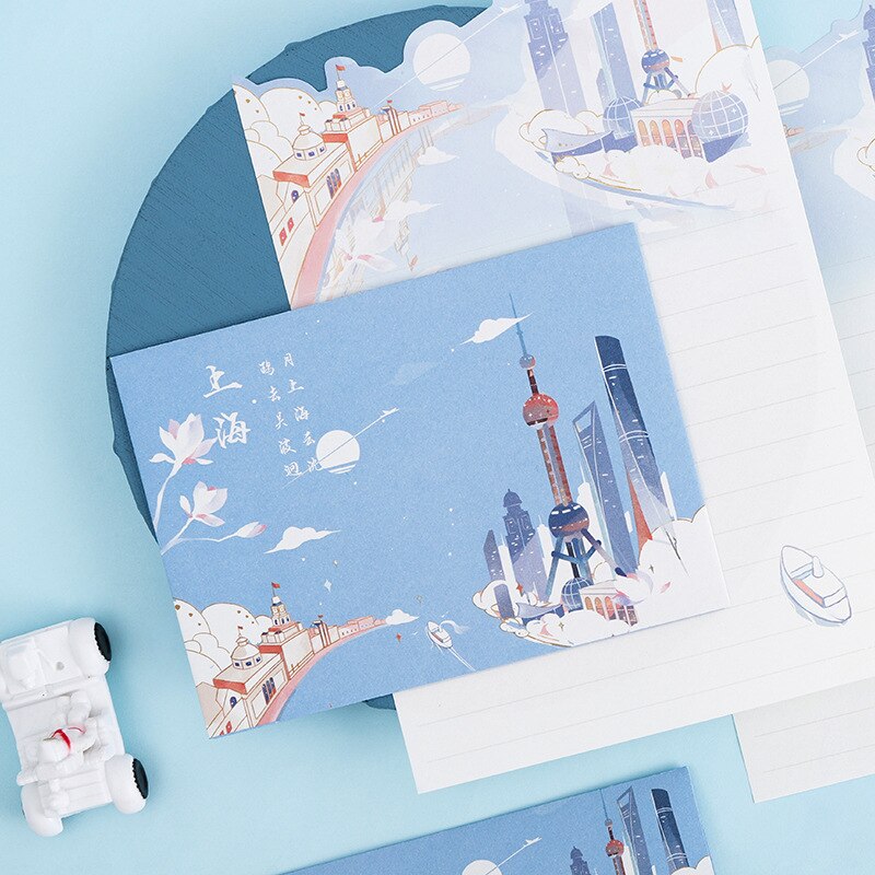 7 Cities Letter Paper Set Cartoon City Set Combination Stationery Postcard Color Page Envelope City Notes