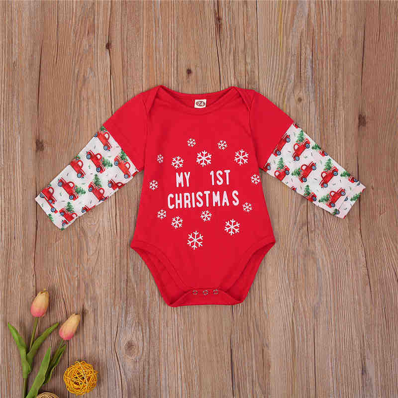 Del bambino Del bambino Delle Ragazze Dei Ragazzi La Mia Prima Di Natale auto pinta superiore Rosso Neve Pagliaccetto 0-18M Del bambino Di Stampa Di Natale tuta