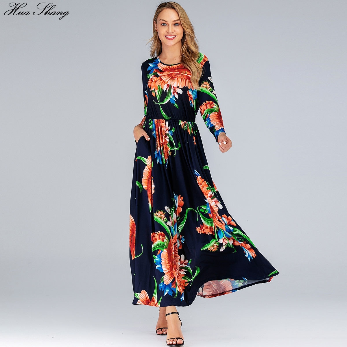 Plus size kjole 6xl kvinder sommer lange ærmer blomsterprint boho strandkjole lommer dame tunika maxi lange kjoler