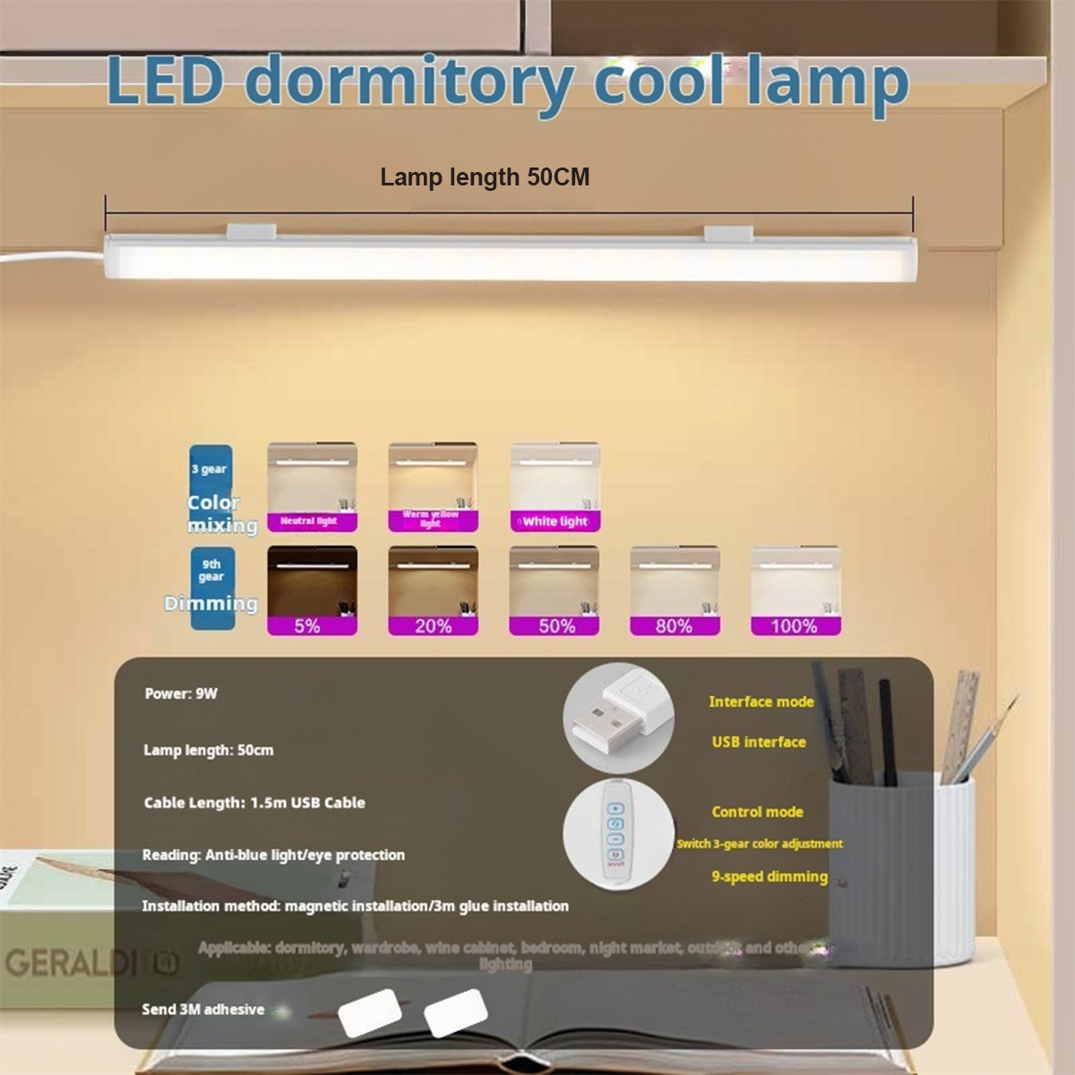 Usb-kontakt led-belysning under skåp, dimbar led-nattlampa med 3 färger, köks- och sovrumsbelysning med magnetremsa: Mörkblå
