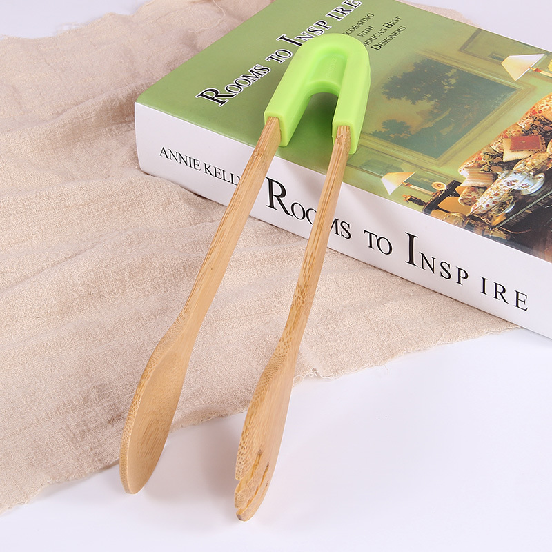 Pinzas para comida de bambú tostar, pastel de madera, ensalada bolsa con Clip para aperitivos, mango de silicona, pinzas para pan y barbacoa, utensilios de cocina, pinchos: Verde claro