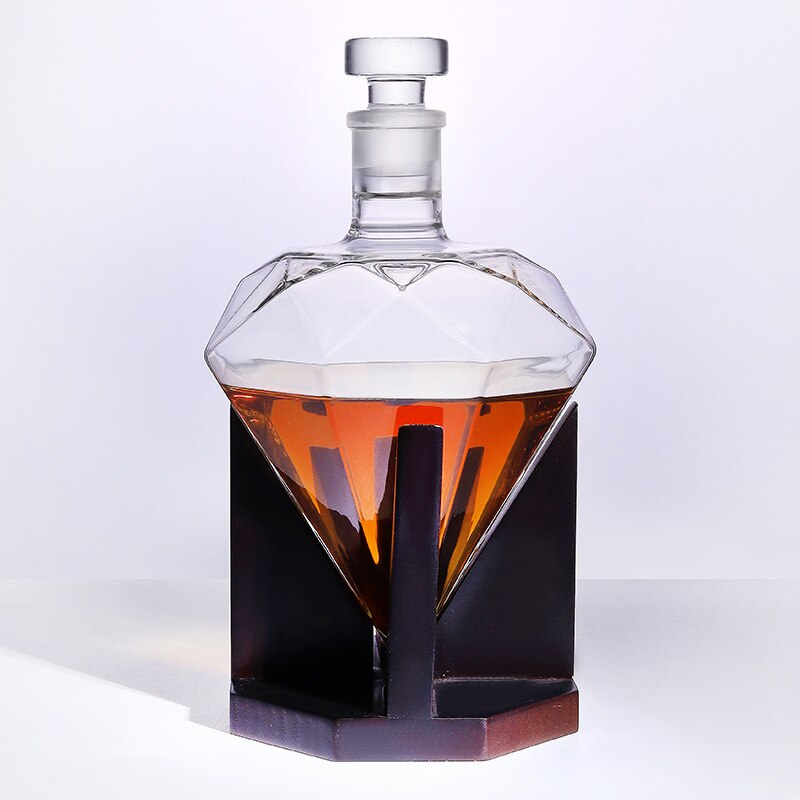 Decantador de whisky Hellodream de lujo en forma de diamante con soporte de madera para licor Scotch Bourbon 850ml