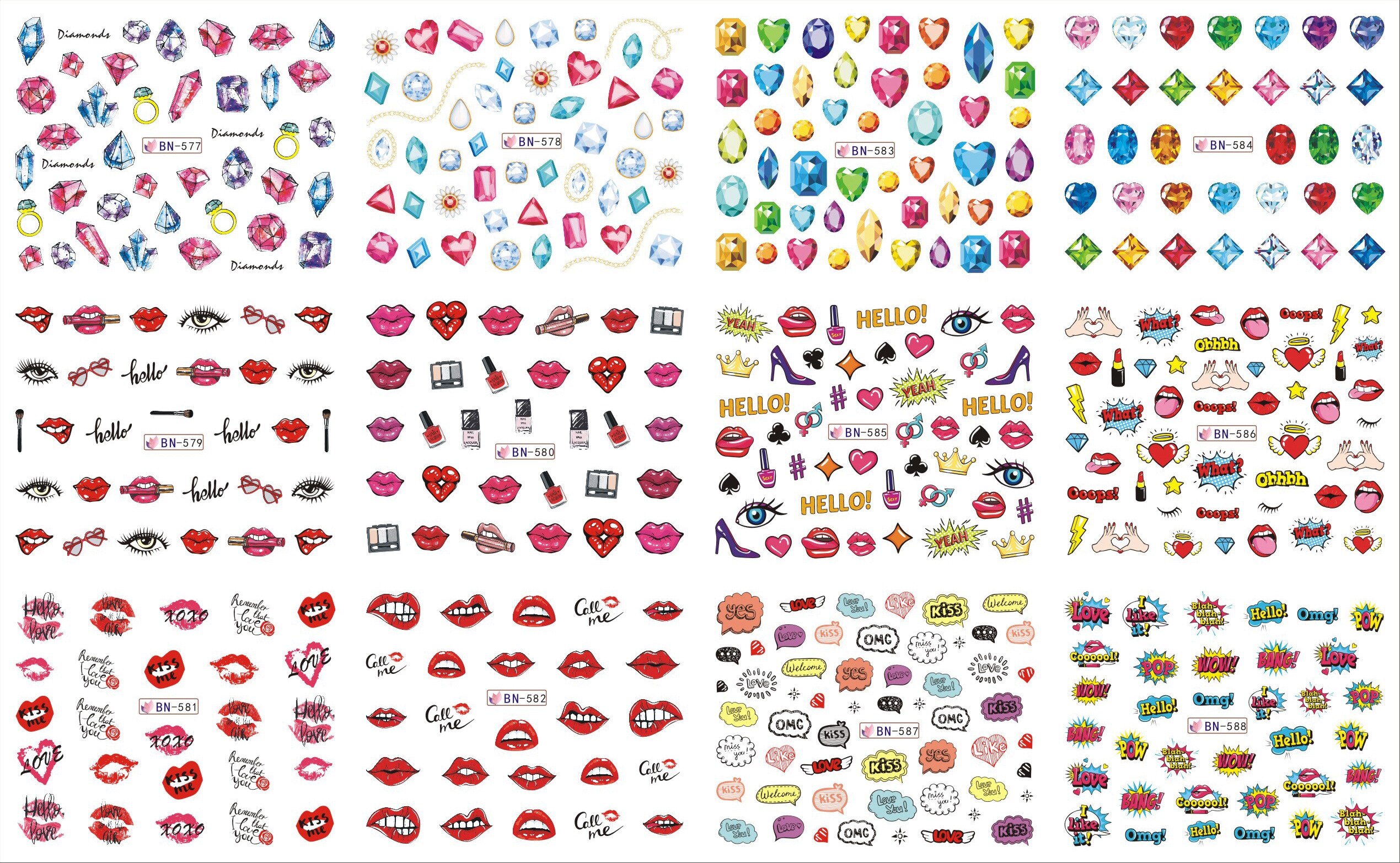 12 stk læber søm vand mærkat valentine negle kunst klistermærker elsker makeup vand overførsel mærkat sæt skyder tatovering folie: Bn577-588