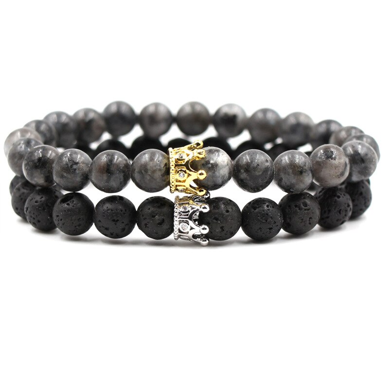 8mm 2 stk/sæt par mikro indsat zirkon krone armbånd klassisk natursten elastisk kvinder charm perler armbånd til mænd smykker: Farve 1