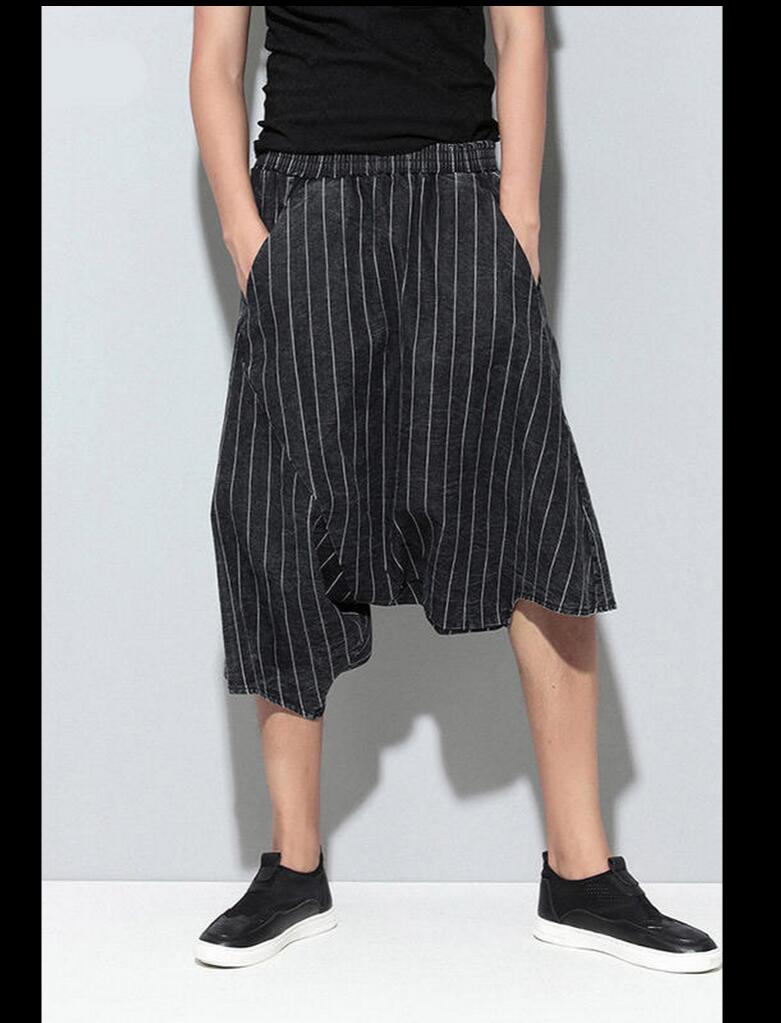 Korean Striped Culottes Cross-pants Casual Pants Men Tide Calf Length Hanging Crotch Harem Pants Hairstylist Singer Costumes