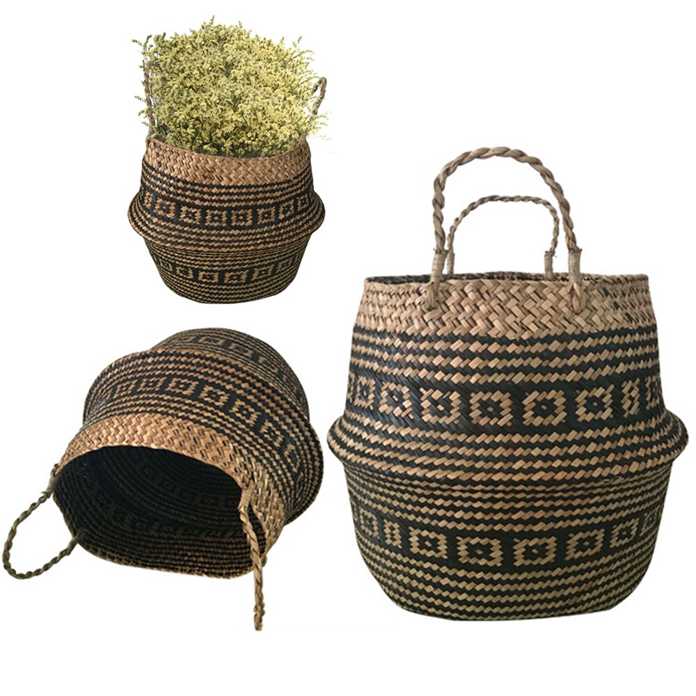Portable Laundry Seagrass Basket Wicker Hanging Plant Pot Bathroom Storage Big Capacity Vegetable Baskets Planting Basin Bowl