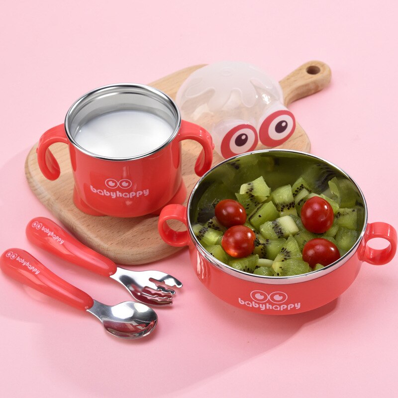 Baby servis set rostfritt stål söt tecknad barn termisk skål med kopp gaffel sked spädbarn mata barn porslin mbg 0550