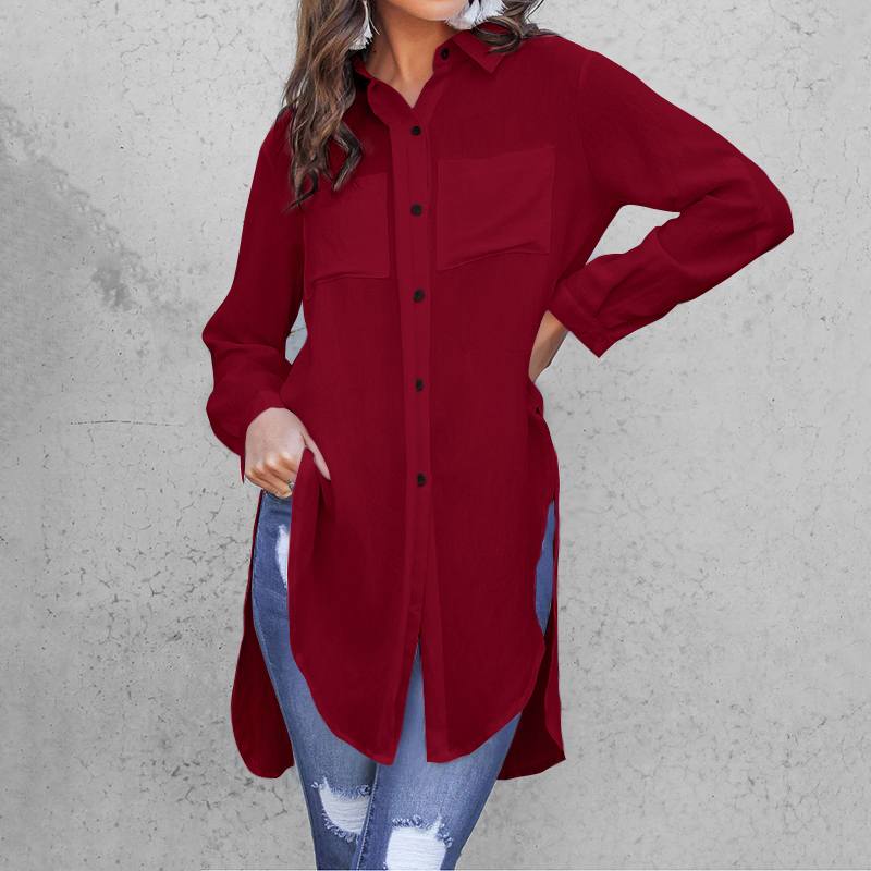 Revers Nacken Blusen Frauen Lange Hemden Celmia Frühling Sommer Unregelmäßigen Saum Teilt Tunika Spitzen Elegante Blusas Plus Größe: Wein rot / 5XL