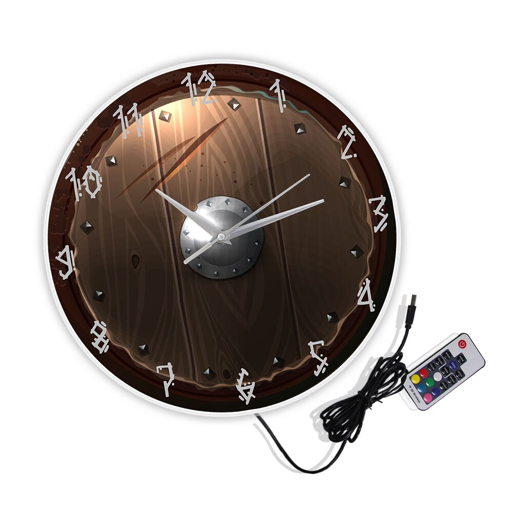 Barbarian Shield Indoor Silent Movement Wall Clock 3D Vision Hanging Wall Watch Viking Barbarian Medieval Man Cave Home Decor