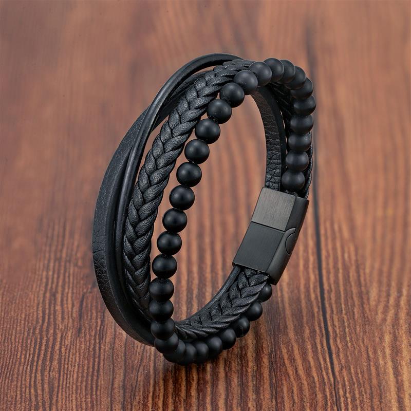 Mode Vulkanische Steen Kralen Mutilayer Lederen Armband Voor Mannen Charm Rvs Magnetische Sluiting Wrap Bangle Jaar Cadeau: Black 1 / 18.5Cm